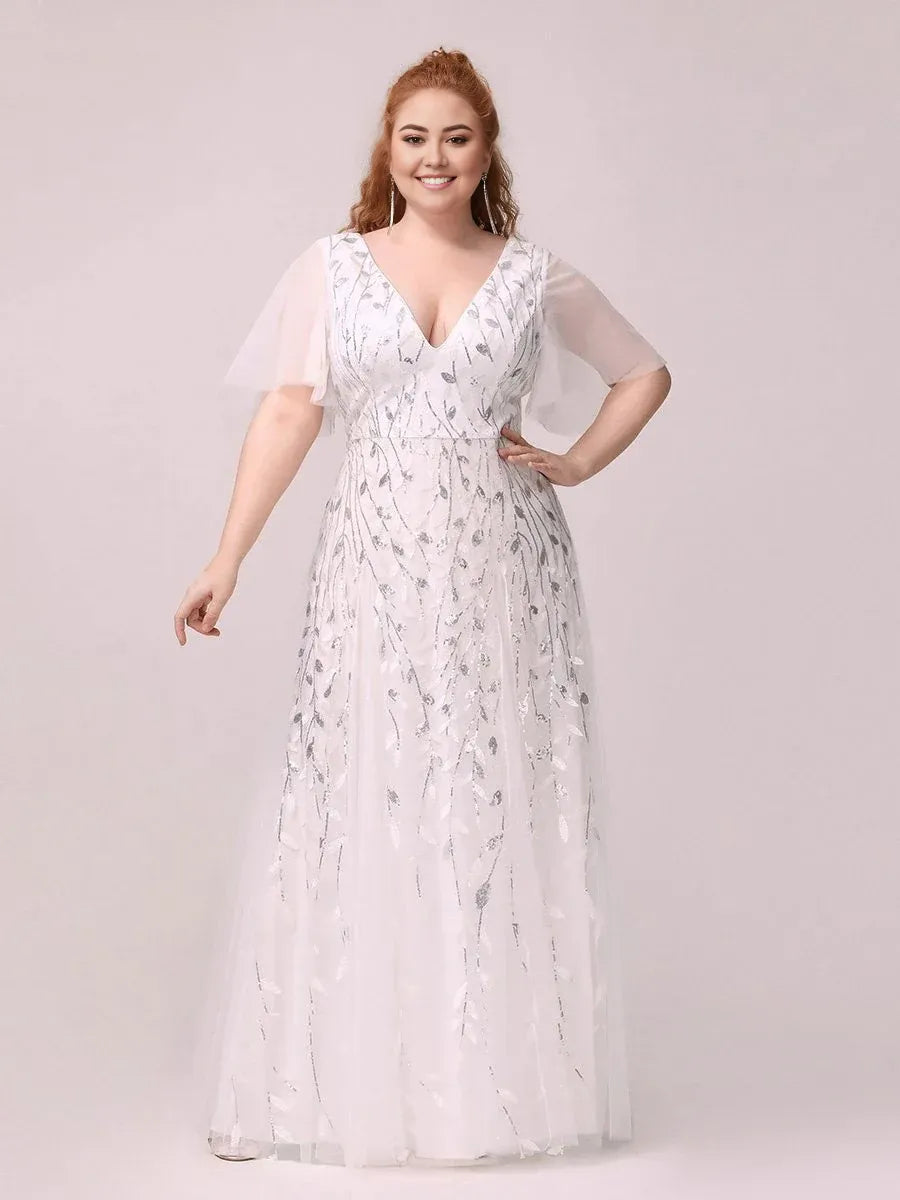 Elegant A-line V Neck Flutter Sleeve Back Zip Floor-Length Plus Size Prom Dress